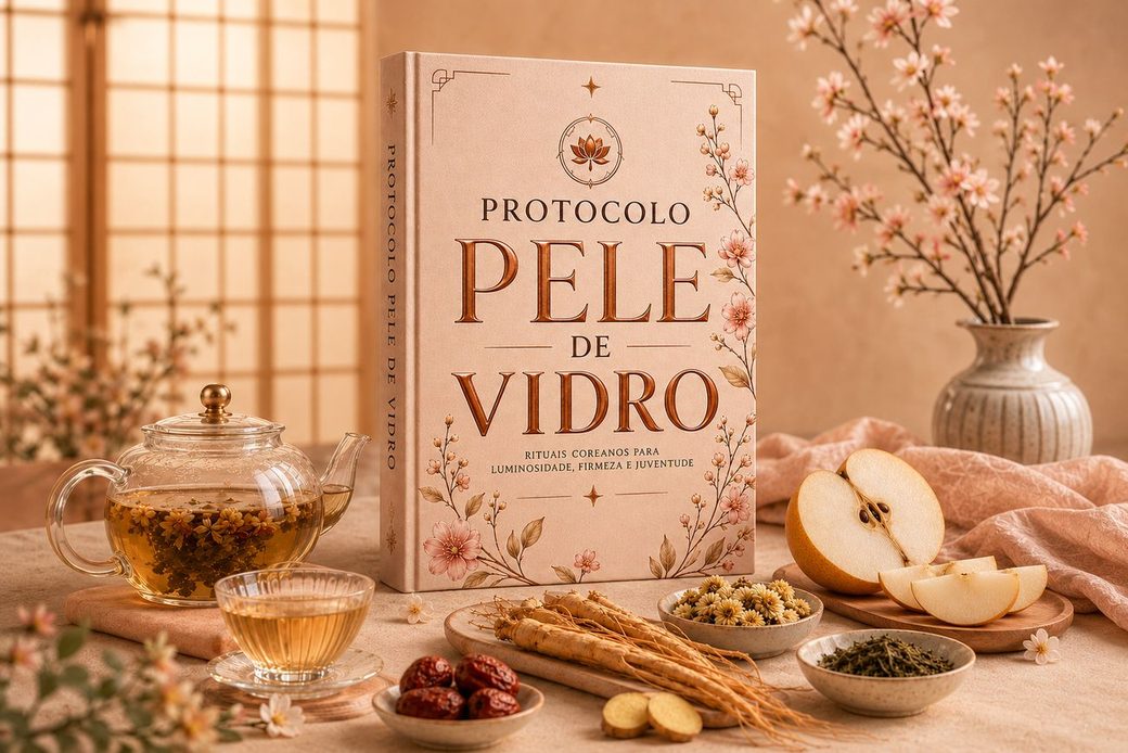 Ebook Protocolo Pele de Vidro numa mesa de cha coreana com bule de vidro, ginseng, pera e flores de cerejeira