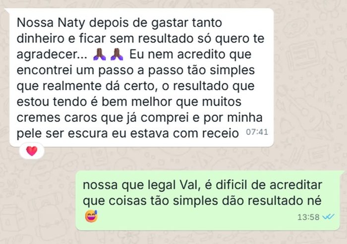 Depoimento real de cliente no WhatsApp: resultado melhor que cremes caros que já comprou